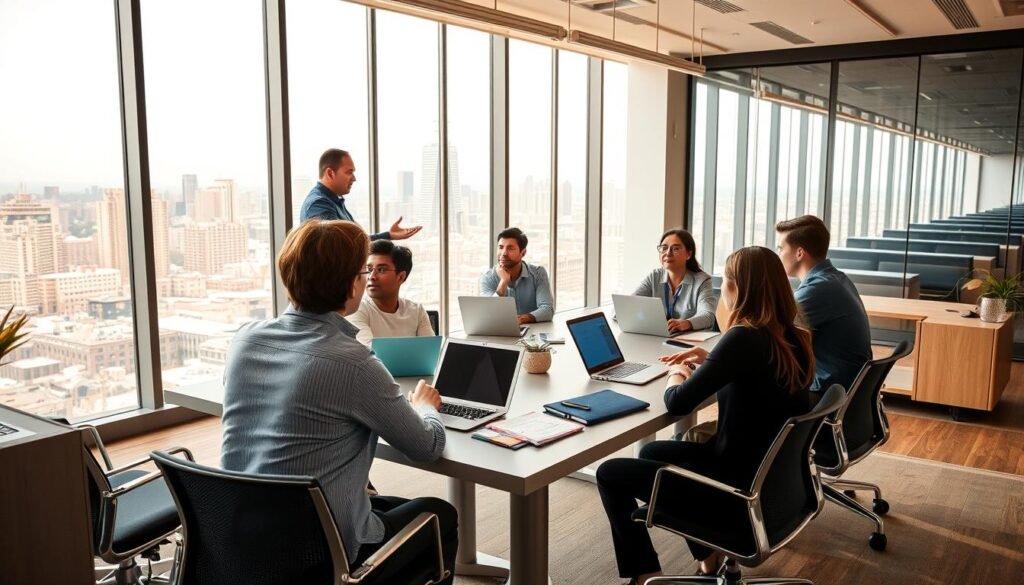 A spacious, well-lit office setting with a group of diverse professionals engaged in an interactive English training session. In the foreground, an enthusiastic instructor gestures while guiding the attentive trainees seated around a conference table, laptops open and notepads at the ready. The middle ground features modern, minimalist decor with sleek furniture and large windows overlooking a vibrant city skyline. Warm, natural lighting filters in, creating a productive and collaborative atmosphere. The background showcases a dynamic cityscape, hinting at the global reach and ambition of the business. This scene conveys the empowering impact of Mondly's language learning solutions in elevating workplace communication and cultural integration.