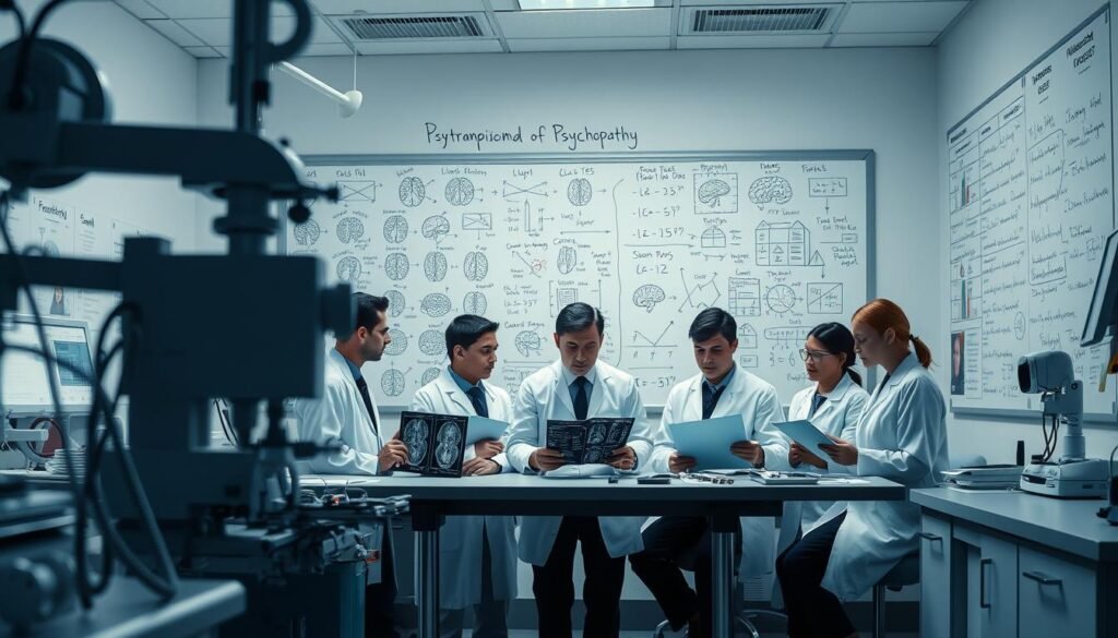 A sterile laboratory setting with clinical equipment and scientific instruments in the foreground. In the middle ground, a team of researchers intently studying brain scans and clinical data, their expressions focused and intense. The background features a large whiteboard filled with complex diagrams, charts, and equations related to the study of psychopathy. The lighting is bright and clinical, with a sense of seriousness and intellectual rigor permeating the scene. The overall atmosphere conveys the gravity and importance of the research being conducted.