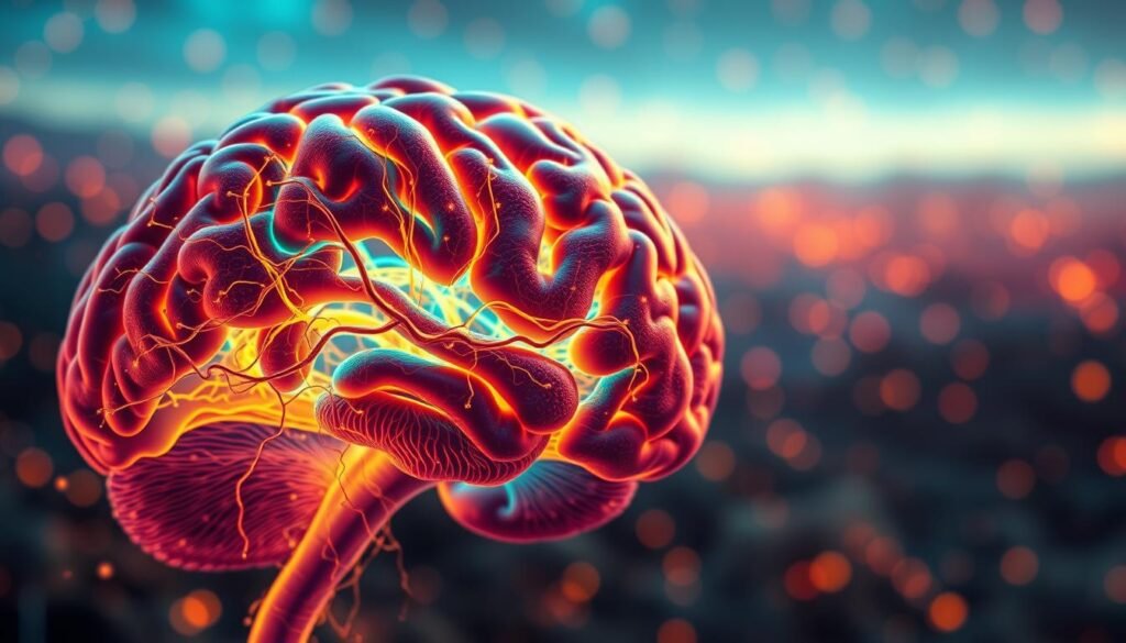 A stunning high-resolution image of the brain's neuroplasticity, the dynamic process of neural adaptation. In the foreground, a detailed cross-section of the cerebral cortex, showcasing the intricate web of neurons and synaptic connections. The middle ground features a vibrant color palette, with pulsing neural pathways and cascading waves of electrical impulses. In the background, a ethereal, bokeh-filled landscape represents the boundless potential of the human mind. Warm, diffused lighting illuminates the scene, casting a contemplative and awe-inspiring mood. Captured with a wide-angle lens to emphasize the vastness and complexity of the brain's neural network.