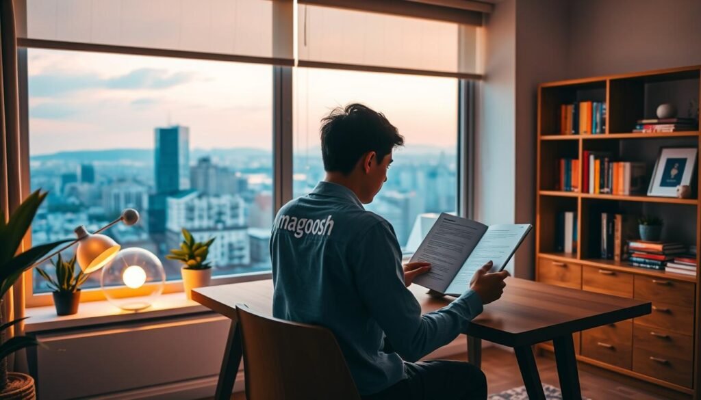 A stylish, modern home office setting with a large window overlooking a scenic cityscape. In the foreground, a student sits at a sleek, minimalist wooden desk, intently studying Magoosh GRE prep materials. Warm, diffused lighting casts a soft glow, creating a calm, focused atmosphere. Subtle, tasteful decor elements like a potted plant and a framed piece of art add touches of sophistication. The middle ground features a bookshelf stocked with GRE prep books and resources, reflecting the student's dedication to their studies. In the background, the cityscape outside the window provides a sense of urban inspiration and possibility, hinting at the student's aspirations beyond the exam.