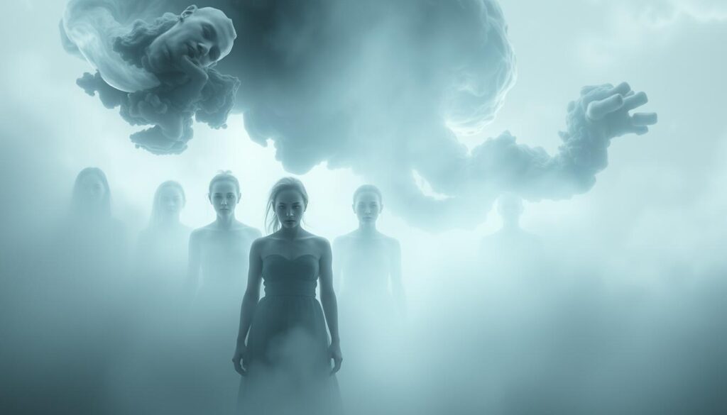 A surreal and ethereal scene depicting the concept of alters in dissociative identity disorder. In the foreground, a series of translucent, ghostly figures emerge from a swirling mist, each representing a distinct personality or alter. Their features are indistinct, yet their expressions convey a range of emotions - from confusion and distress to calm and introspection. The middle ground is shrouded in a hazy, dreamlike atmosphere, with soft, diffused lighting that lends a sense of mystery and psychological depth. In the background, a fragmented, distorted landscape unfolds, hinting at the complex and fragmented nature of the dissociative experience. The overall composition evokes the sense of a mind in flux, where multiple identities coexist and struggle for dominance.