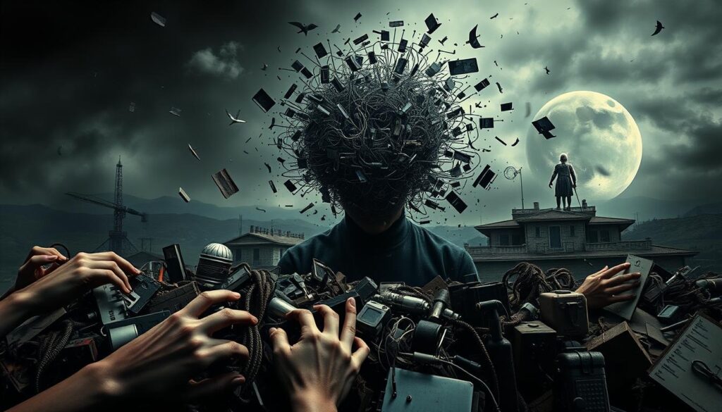A surreal, dreamlike depiction of Obsessive Compulsive Disorder. In the foreground, a tangle of anxious, disembodied hands frantically rearranging and organizing everyday objects. In the middle ground, a distressed individual trapped in a loop of repetitive, intrusive thoughts, their face obscured by a swirling vortex of mental noise. In the background, a distorted, fragmented landscape reflecting the fragmented, disconnected nature of the OCD experience. Muted, unsettling colors evoke a sense of unease, while dramatic lighting casts deep shadows, heightening the sense of internal struggle. Rendered with a blend of photorealism and surreal, abstract elements to capture the psychological complexity of the disorder.