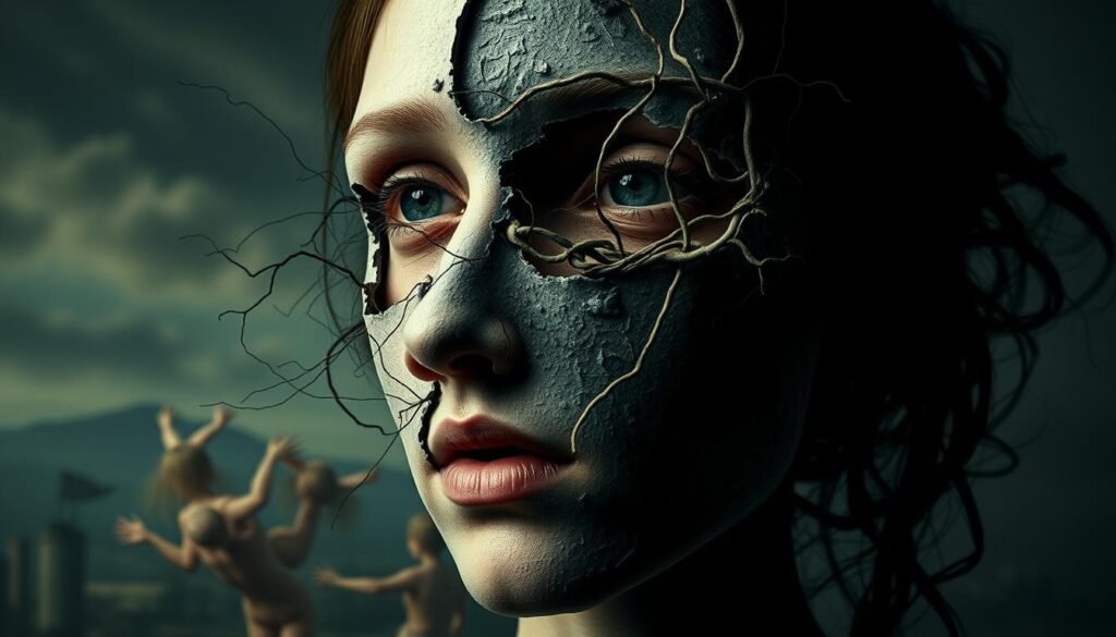 A surreal, introspective portrait of the complexities of Narcissistic Personality Disorder. In the foreground, a fragmented face with a hollow, disconnected gaze, reflecting the individual's distorted self-perception. The middle ground features a tangled web of emotions, symbolizing the emotional instability and interpersonal difficulties associated with the disorder. The background is a dreamlike, abstract landscape, hinting at the deep-rooted psychological conflicts that shape the individual's inner world. Soft, dramatic lighting casts dramatic shadows, accentuating the sense of unease and emotional turmoil. The overall composition conveys a sense of vulnerability, fragility, and the overwhelming struggle to reconcile the individual's grandiose self-image with the underlying emotional insecurities.