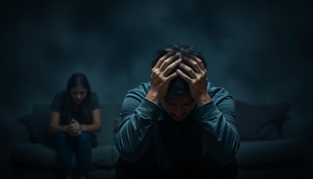 A tense, moody scene depicting the emotional impact of Histrionic Personality Disorder on relationships and daily life. In the foreground, a distraught individual sits alone, hands gripping their head, expression pained and anxious. Their body language conveys feelings of isolation, turmoil, and disconnect from loved ones. The middle ground shows a blurred, fragmented view of a partner or family member, faces obscured, suggesting strained and fractured interpersonal dynamics. The background is hazy, dark, and unwelcoming, evoking a sense of emotional heaviness and lack of stability. Dramatic lighting casts dramatic shadows, heightening the sense of internal struggle. The overall atmosphere is somber, contemplative, and tinged with a pervasive sense of unease.