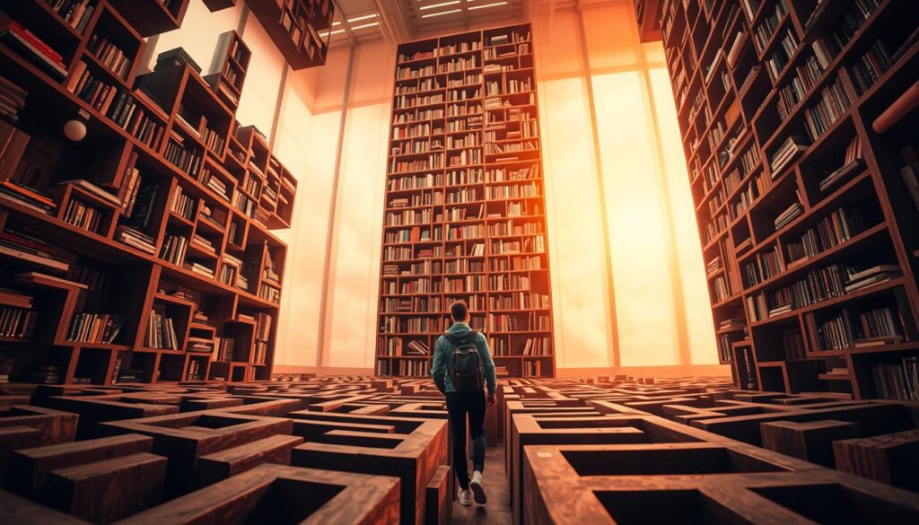 A thought-provoking and visually captivating image depicting the concept of "avoiding thinking traps". In the foreground, a person navigates a maze-like structure, symbolizing the complexities of the mind. The middle ground features a towering bookshelf, representing the wealth of knowledge and strategies available to combat cognitive biases. The background is bathed in a warm, calming glow, suggesting the sense of clarity and emotional resilience that can be achieved by recognizing and overcoming these mental pitfalls. The scene is captured through a wide-angle lens, creating a sense of depth and emphasizing the interconnectedness of the different elements. The overall mood is one of contemplation and empowerment, inviting the viewer to reflect on their own thought patterns and embrace a more resilient mindset.