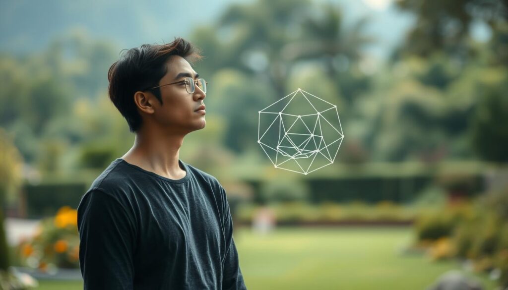 A thoughtful individual stands in a serene garden, gazing inward with a pensive expression. The lighting is soft and diffused, creating a contemplative atmosphere. In the middle ground, geometric shapes representing the mind's workings emerge, suggesting the process of self-reflection. The background is a blurred, natural landscape, conveying a sense of tranquility and inner focus. The overall scene evokes a sense of personal growth, as the subject seeks to deepen their self-awareness and self-regulation through quiet introspection.