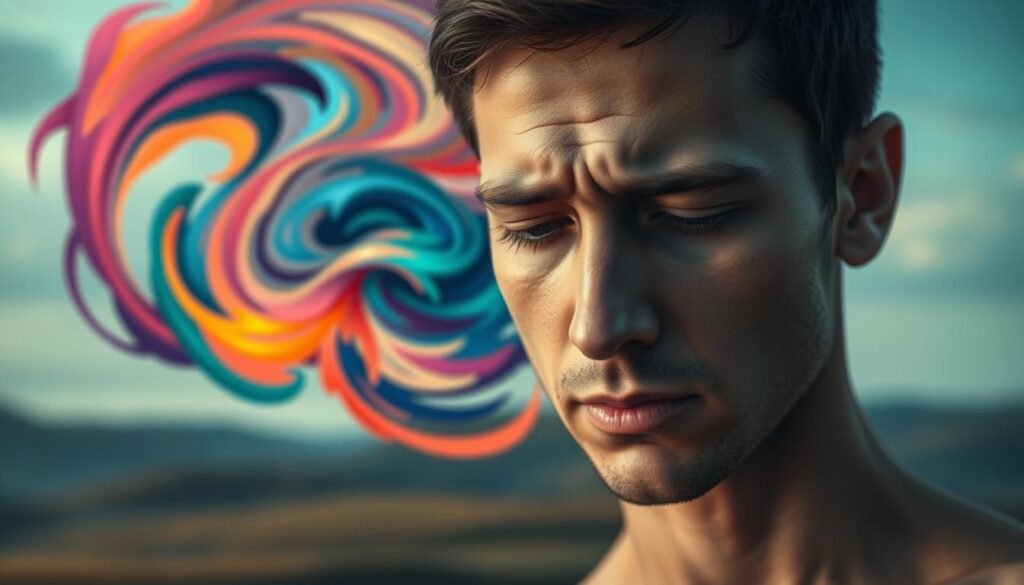 A thoughtful, introspective portrait of emotional intelligence. In the foreground, a human face rendered in soft, expressive tones, eyes downcast, brow furrowed in contemplation. The middle ground features an abstract swirl of vibrant hues - swirling emotions, empathy, and self-awareness. The background is a serene, ethereal landscape with gentle lighting, conveying a sense of inner calm and balance. The overall atmosphere is one of quiet reflection, capturing the essence of emotional intelligence as a nuanced, deeply personal quality.