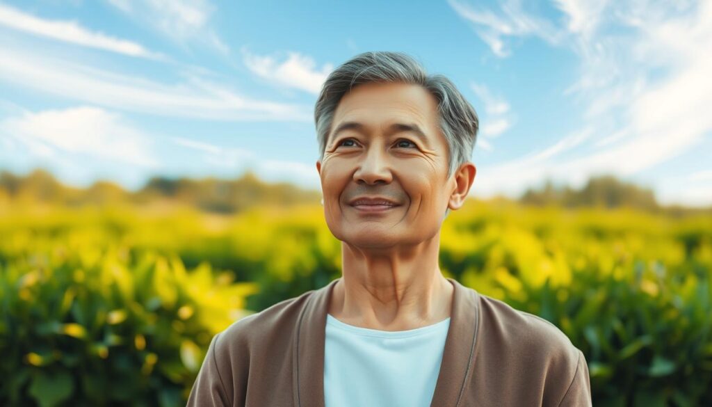 A thoughtful leader stands amid a tranquil landscape, their expression radiating empathy and compassion. Soft, warm lighting illuminates their face, highlighting the kindness in their gaze. The background features a lush, verdant garden, symbolizing the nurturing, growth-oriented nature of their leadership style. Wisps of clouds drift across a serene sky, conveying a sense of calm and clarity. The leader's pose is open and welcoming, inviting others to approach with trust and confidence. This image embodies the power of empathetic, compassionate leadership to inspire and uplift those they guide.