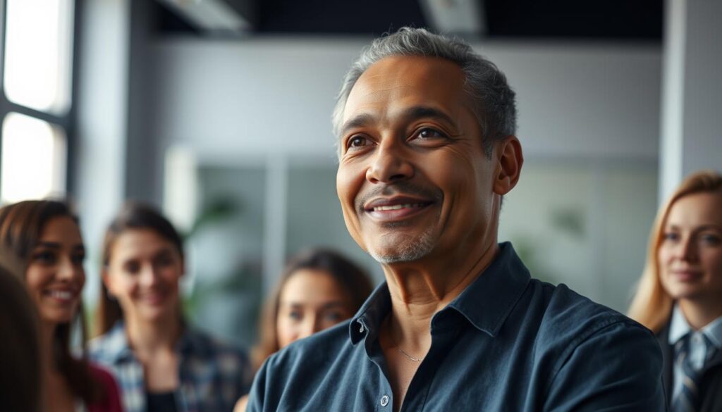 A thoughtful leader stands tall, radiating warmth and compassion. Their face reflects a keen emotional intelligence, guiding a team with empathy and wisdom. In the background, a serene office setting frames the scene, filled with soft natural light. The leader's posture is upright yet relaxed, conveying confidence tempered by a caring demeanor. Their gaze is focused, eyes shining with understanding as they listen intently to their colleagues. This image embodies the essence of successful leadership through emotional intelligence - a harmonious blend of authority and approachability that inspires trust and collaboration.