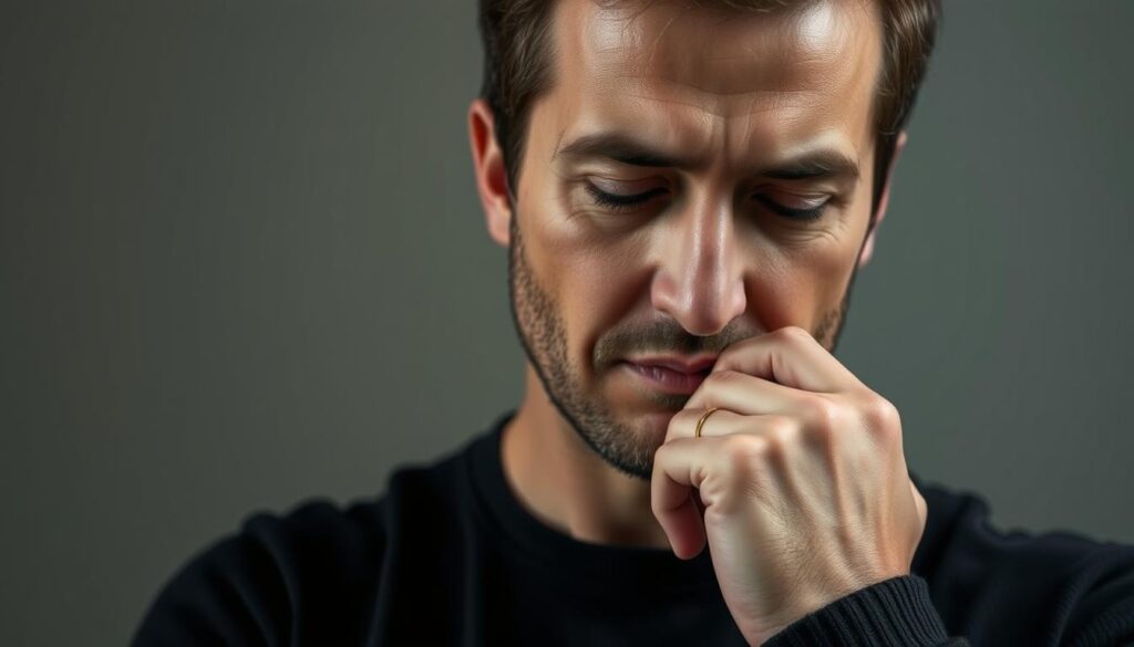 A thoughtful man gently resting his chin in his hand, deep in contemplation. Soft, natural lighting illuminates his pensive expression, accentuating the subtle gesture. The background is muted, allowing the focal point to be the man's introspective body language. His eyes are downcast, brow furrowed slightly, conveying a sense of thoughtful consideration. The composition is carefully balanced, drawing the viewer's attention to the meaningful touch of the hand on the chin. An air of quiet introspection and self-reflection permeates the scene, inviting the viewer to ponder the underlying meanings of this gesture.