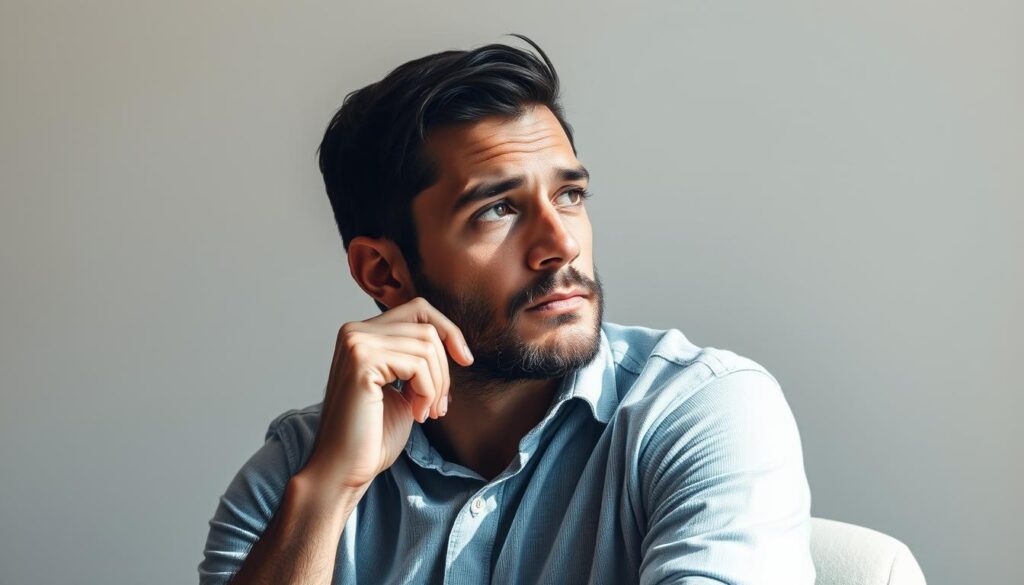 A thoughtful man sits in a pensive pose, his chin resting on his hand as he ponders something deeply. The lighting is soft and natural, casting gentle shadows across his contemplative features. His expression is one of deep concentration, his gaze fixed inwardly as he explores the intricacies of his own thoughts. The background is a minimalist, uncluttered scene, allowing the viewer to focus solely on the man's introspective state. The overall atmosphere conveys a sense of quiet contemplation, inviting the viewer to engage with the subject's contemplative mood.