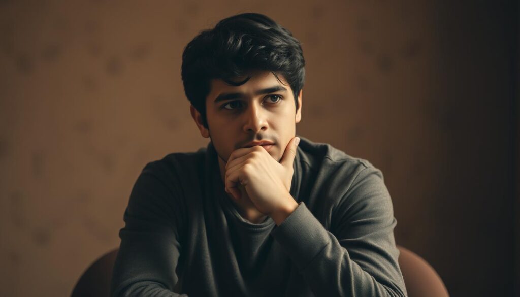 A thoughtful person sits with their hand resting on their chin, deep in contemplation. The scene is shot in a warm, earthy tone with soft, diffused lighting that casts gentle shadows. The focus is on the subject's pensive expression and body language, conveying a sense of introspection and consideration. The background is blurred, allowing the viewer to concentrate on the central figure's thoughtful pose. The overall atmosphere is one of quiet, reflective focus, evoking the notion of "deep thought" through the subject's body language.