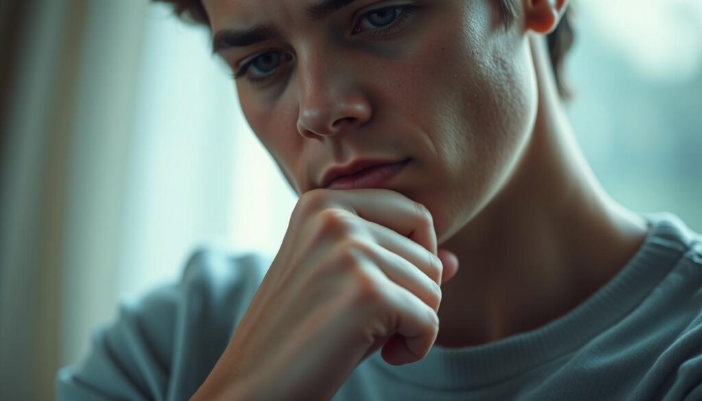 A thoughtful person, their hand gently resting on their chin, a pensive expression on their face. Soft lighting illuminates their features, creating a serene, introspective atmosphere. The background is blurred, keeping the focus on the contemplative gesture. The composition is balanced, with the subject's hand and face occupying the central frame. The image conveys a sense of deep reflection, inviting the viewer to consider the psychological significance of this subtle, yet meaningful, body language.