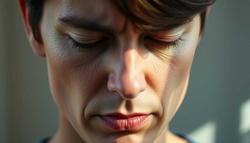 A thoughtful, psychological portrait of a face in soft, natural lighting. The subject's eyes are downcast, brow furrowed in contemplation, lips parted as if in quiet introspection. Subtle shifts in muscle tension and minute movements of the facial features convey the inner emotional state - a complex interplay of emotions, perhaps melancholy, introspection, or quiet self-reflection. The background is blurred, keeping the focus on the expressive face and its profound, pensive mood. Capture the essence of the "psychological contexts of facial movements" with artful, sensitive composition and masterful rendering of the human countenance.