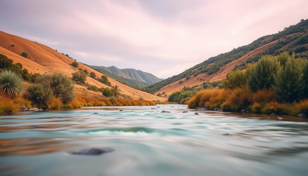 A tranquil landscape bathed in soft, soothing hues. In the foreground, a gently flowing stream reflects the calming blues and greens of the surrounding foliage. In the middle ground, rolling hills are adorned with lush, earthy tones of tan and ochre. The background features a vibrant yet muted sky, painted in pastel shades of lavender and periwinkle. The overall scene exudes a sense of serenity and peaceful contemplation, promoting a calming and restorative atmosphere. Lit by warm, diffused natural light, the image conveys a harmonious balance of colors that can positively influence mental wellbeing.