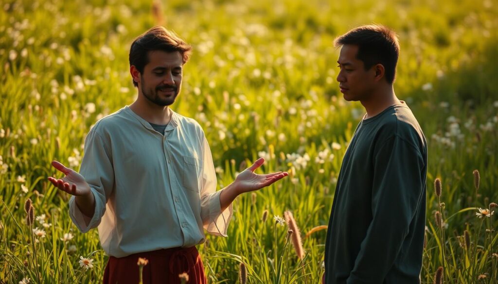 A tranquil meadow, sun-dappled and verdant, sets the stage. In the foreground, a figure radiates compassion, their face alight with warmth and kindness, hands extended in a gesture of understanding. Nearby, another figure stands, expression pensive and inward-focused, embodying the introspective nature of empathy. Subtle lighting casts a soft, contemplative glow, inviting the viewer to ponder the nuanced differences between these two profound human qualities. The overall composition evokes a sense of balance and harmony, a visual exploration of the interplay between compassion and empathy.