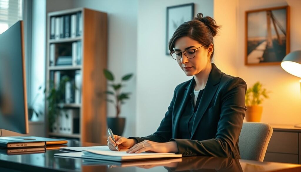 A tranquil office setting with a woman sitting at a desk, engrossed in paperwork. Warm, soft lighting illuminates the scene, creating a calming atmosphere. In the background, a bookshelf filled with volumes and a potted plant suggest a professional, yet nurturing environment. The woman's expression is one of focus and determination, conveying the importance of mental and career support. The overall scene should evoke a sense of empowerment, growth, and the interconnectedness of personal and professional well-being.