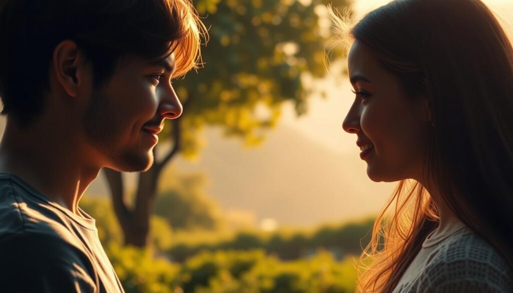 A tranquil scene showcasing the power of empathy in relationships. In the foreground, two individuals face each other, their expressions soft and attentive, conveying a deep emotional connection. The middle ground features a lush, verdant landscape, symbolizing the growth and nurturing that empathy fosters. Warm, golden lighting bathes the scene, creating an atmosphere of understanding and compassion. The background subtly fades into a serene, dreamlike quality, suggesting the transformative potential of empathy to transcend the physical and connect on a deeper, more profound level.