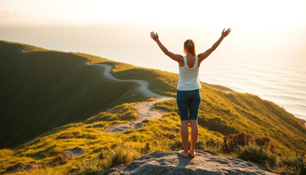 A tranquil seaside landscape bathed in soft, golden light. In the foreground, a serene figure stands tall, arms outstretched, reflecting on their personal growth journey. Behind them, a winding path leads through verdant hills, symbolizing the challenges and triumphs encountered along the way. In the distance, a majestic ocean horizon, representing the boundless possibilities and new horizons that await. The scene conveys a sense of inner peace, self-discovery, and the transformative power of personal growth.