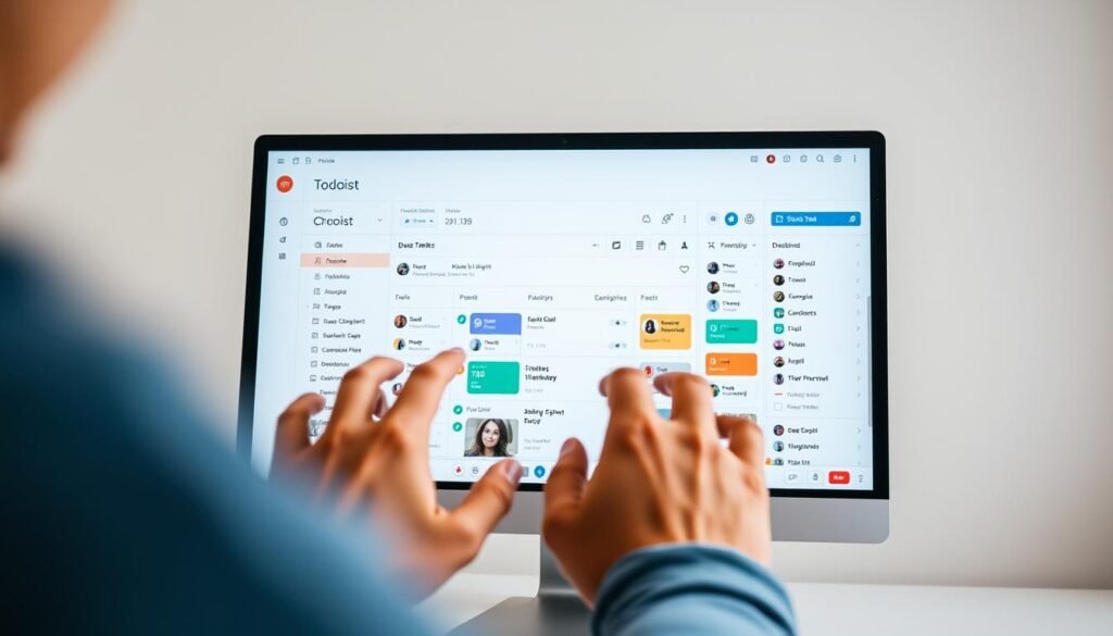 A user-friendly task management app interface, showcasing a clean and minimalist design. A desktop computer screen displays Todoist's main dashboard, with a central task list, categorized by due dates and priorities. The foreground features a person's hands interacting with the app, highlighting the intuitive user experience. The middle ground depicts various task cards, colorful icons, and a sidebar menu. The background subtly blurs, maintaining the focus on the app's functionality. Soft, diffused lighting creates a calm, productive atmosphere, inviting the viewer to envision themselves effortlessly managing their daily tasks.