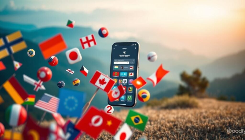 A vibrant and captivating image of the Mondly language learning app. In the foreground, a diverse array of language icons float gracefully, representing the wide range of languages users can learn with Mondly. The middle ground showcases the Mondly app interface, its sleek and intuitive design inviting the viewer to explore its features. In the background, a serene, minimalist landscape sets the tone, with soft lighting and a calming color palette that evokes a sense of focus and tranquility, perfect for immersive language learning. The overall composition conveys the comprehensive and accessible nature of the Mondly language courses, enticing the viewer to discover the joy of multilingualism.