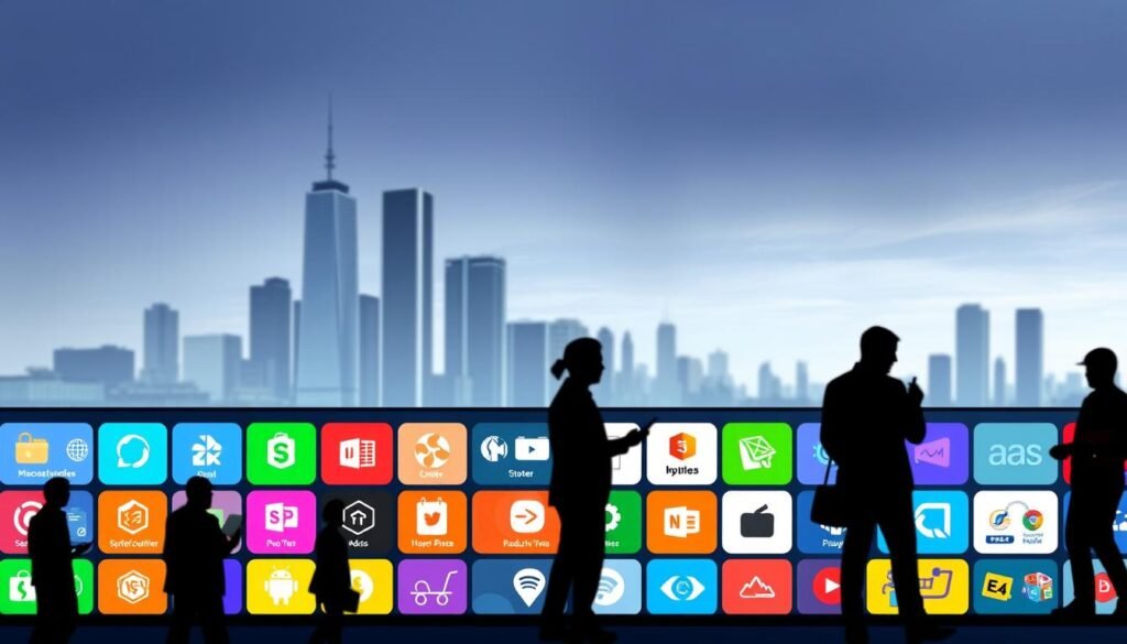A vibrant and dynamic SaaS marketplace, showcasing a diverse array of software categories against a sleek, modern backdrop. In the foreground, a grid of colorful app icons representing key SaaS offerings, ranging from productivity tools to e-commerce platforms. The middle ground features silhouettes of people interacting with the apps, conveying the user-centric nature of the marketplace. The background depicts a minimalist cityscape, with skyscrapers and a serene, diffused sky, creating a sense of sophistication and urban connectivity. Crisp, high-contrast lighting accentuates the clean, professional aesthetic, while a subtle depth of field draws the viewer's focus to the central SaaS categories.