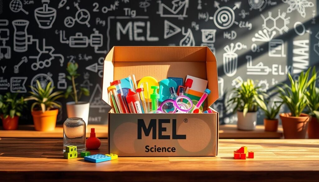 A vibrant and engaging STEM subscription box for kids, sitting atop a wooden surface. The box is opened, revealing an array of captivating science experiments and educational tools, such as test tubes, magnifying glasses, and colorful building blocks. The box is illuminated by warm, natural lighting, casting gentle shadows and creating a sense of curiosity and discovery. In the background, a chalkboard-style wall with scientific diagrams and equations adds an educational touch, while a few potted plants bring a touch of nature to the scene. The overall atmosphere is one of excitement and hands-on learning, perfectly capturing the essence of the "What Is MEL Science?" section.
