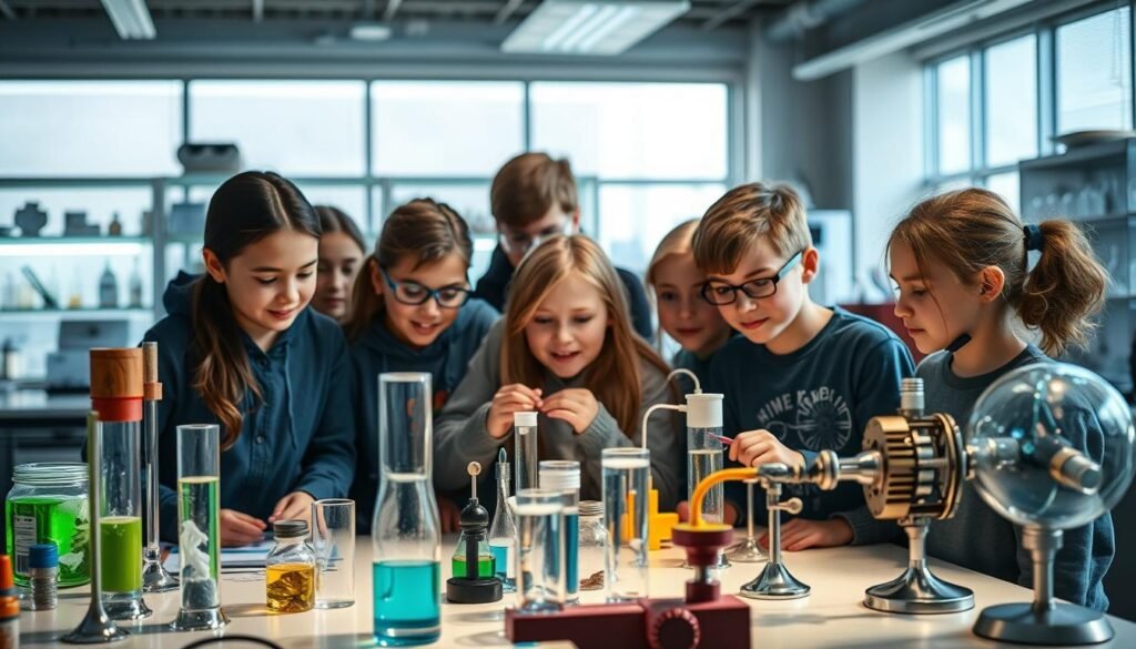 A vibrant and engaging scene showcasing scientific experiments for children and teenagers. In the foreground, a group of enthusiastic young students gathered around a table, their faces alight with curiosity as they carefully observe and interact with various scientific apparatuses and tools. The middle ground features a diverse array of experiments, from test tubes bubbling with colorful liquids to mechanical devices whirring and spinning, all designed to stimulate the imagination and foster a love of science. The background depicts a modern, well-equipped laboratory setting, with sleek, state-of-the-art equipment and a warm, inviting atmosphere. Soft, natural lighting filters in, casting a gentle glow over the scene and creating a sense of wonder and discovery. The overall composition conveys a spirit of exploration, learning, and the joy of scientific inquiry, perfectly capturing the essence of the MEL Science experience.