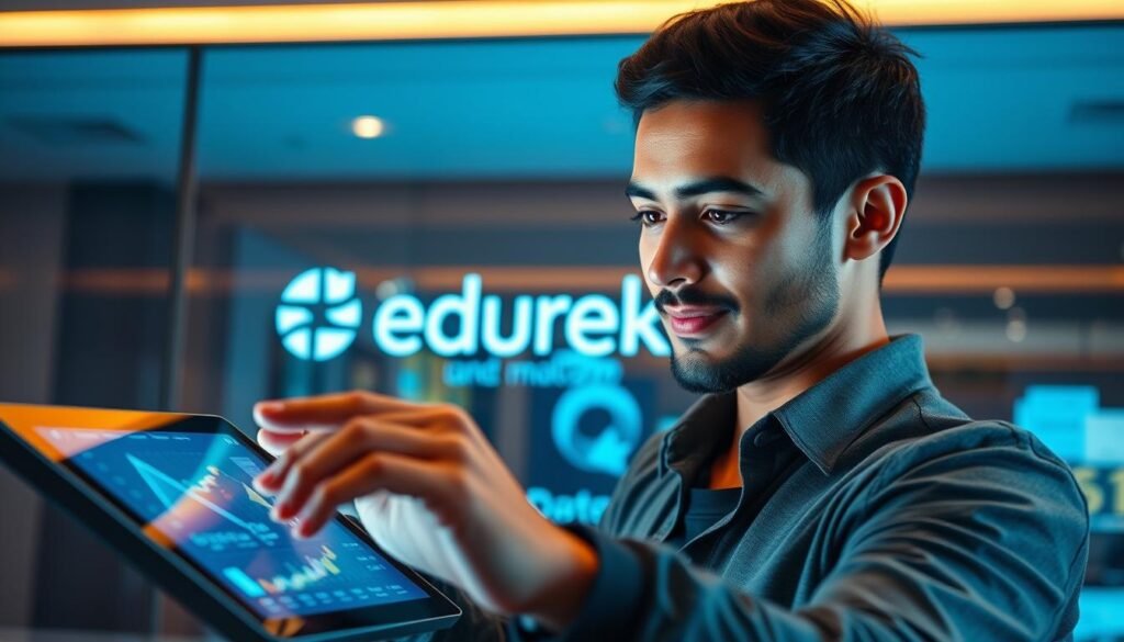 A vibrant and immersive user experience with Edureka, showcasing a dynamic interface with clean, intuitive navigation. In the foreground, a person interacts with a responsive touchscreen device, their face reflecting a sense of engaged learning. The middle ground features Edureka's hallmark branding, with sleek typography and design elements that exude professionalism and expertise. The background evokes a modern, tech-savvy atmosphere, with subtle gradients and gentle lighting that create a warm, inviting ambiance. The overall composition conveys a seamless blend of cutting-edge technology and user-centric design, reflecting Edureka's commitment to providing an exceptional educational experience.