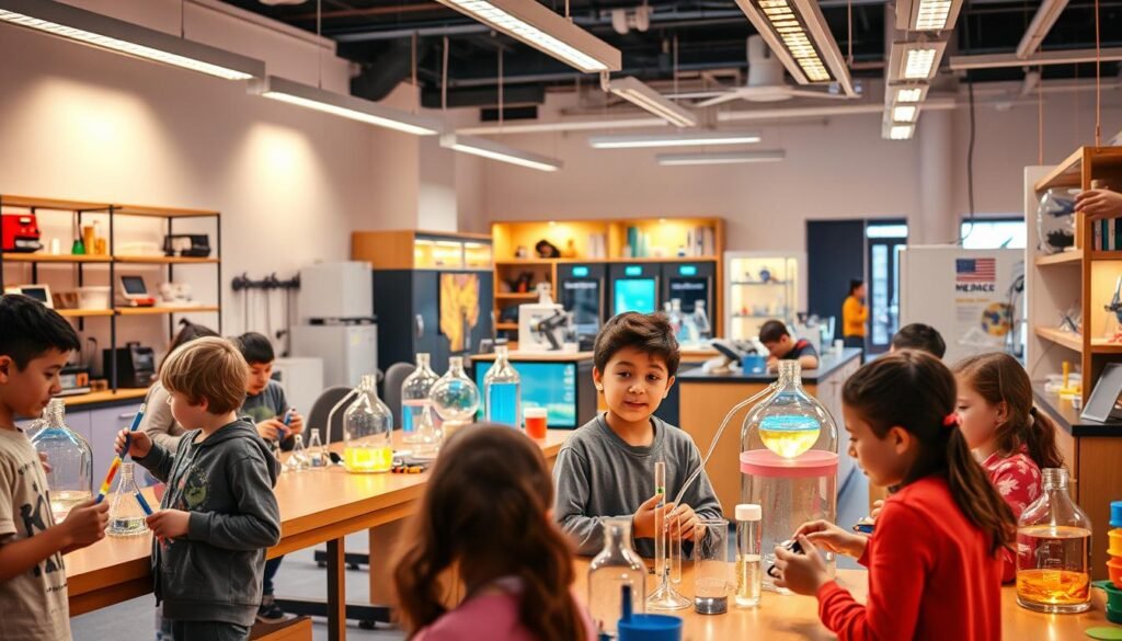 A vibrant and interactive scientific laboratory, with various experimental setups and equipment on display. The foreground features a group of curious students engaged in hands-on experiments, their faces alight with excitement as they explore the wonders of science. In the middle ground, a well-stocked supply of scientific materials, from beakers and test tubes to interactive models and displays. The background showcases a modern, well-lit laboratory setting, with sleek, state-of-the-art equipment and a sense of exploration and discovery. Warm, inviting lighting illuminates the scene, creating a dynamic and engaging atmosphere that captivates the viewer and embodies the essence of MEL Science's unique educational experience.