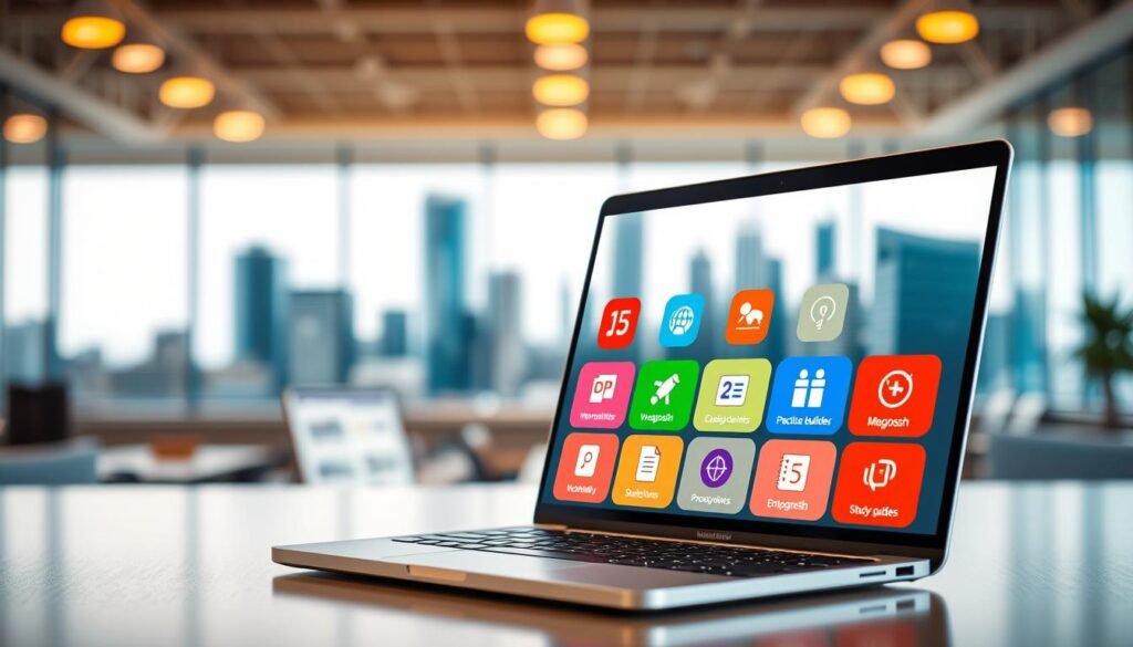 A vibrant and modern educational platform showcasing Magoosh's key features. In the foreground, a sleek laptop displays interactive lessons and practice questions. The middle ground features colorful icons representing Magoosh's diverse test prep resources, from vocabulary builders to comprehensive study guides. In the background, a blurred cityscape with skyscrapers symbolizes the global reach and impact of Magoosh's digital learning solutions. The scene is illuminated by warm, natural lighting, creating a welcoming and professional atmosphere. The overall composition conveys Magoosh's commitment to delivering an innovative, comprehensive, and accessible educational experience.