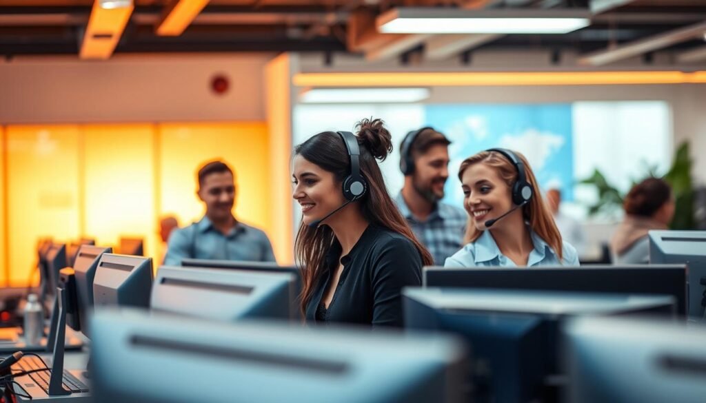 A vibrant and modern office setting, with sleek and minimalist workstations in the foreground. In the middle ground, a group of customer service representatives engaged in lively discussions, their faces conveying a sense of professionalism and empathy. The background is bathed in a warm, inviting glow, creating an atmosphere of productivity and attentive support. The lighting is soft and diffused, with strategic highlights emphasizing the key elements of the scene. The overall composition suggests a tech-savvy, customer-centric environment where technical expertise and personalized assistance are the cornerstones of the "الدعم الفني والخدمة العملاء" experience.
