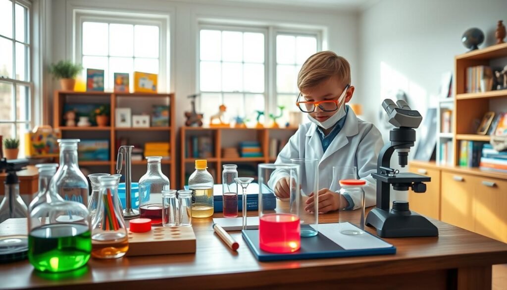 A vibrant and well-lit home laboratory setup, showcasing various scientific instruments and tools arranged neatly on a wooden table. In the foreground, a curious child in a lab coat and safety goggles carefully conducts an experiment, surrounded by beakers, test tubes, and a microscope. The middle ground features shelves displaying colorful science kits, models, and educational books, inviting hands-on exploration. The background is a cozy, well-lit room with large windows, allowing natural light to flood the space and create a warm, inviting atmosphere. The overall scene exudes a sense of wonder, discovery, and the joy of learning through safe, at-home science experiments.