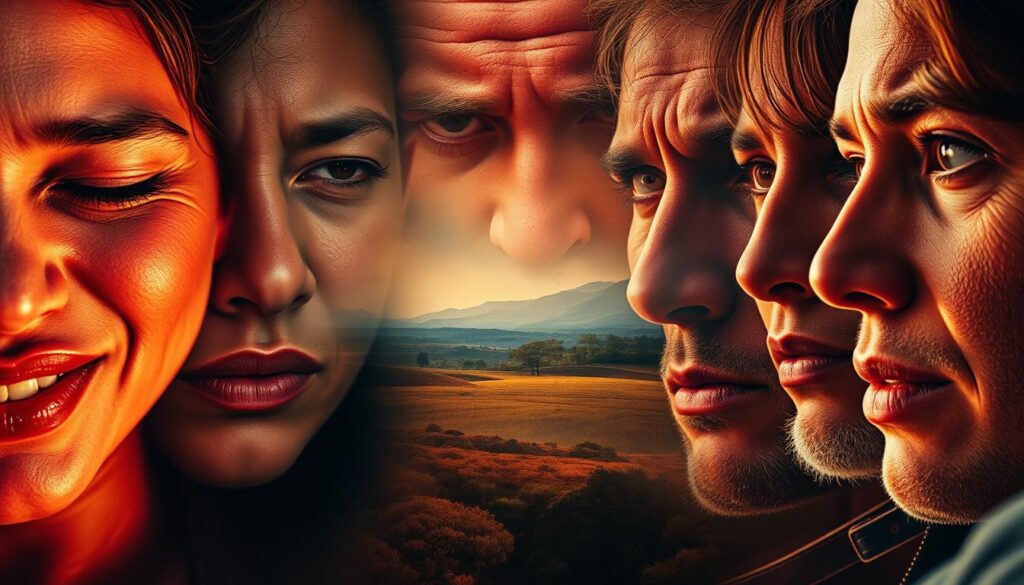 A vibrant collage of emotional expressions, rendered in a cinematic, dramatic style. In the foreground, close-up portraits capture the nuanced interplay of joy, sorrow, anger, and contemplation - faces etched with intensity, textures and shadows accentuating the depth of feeling. The middle ground features a layered tapestry of abstract shapes and gestural brushstrokes, symbolizing the fluid, ever-changing nature of emotions. In the background, a softly defocused landscape sets the scene, hinting at the environmental and social factors that shape our emotional landscape. Warm, moody lighting casts a pensive atmosphere, inviting the viewer to reflect on the complex science behind emotional regulation.