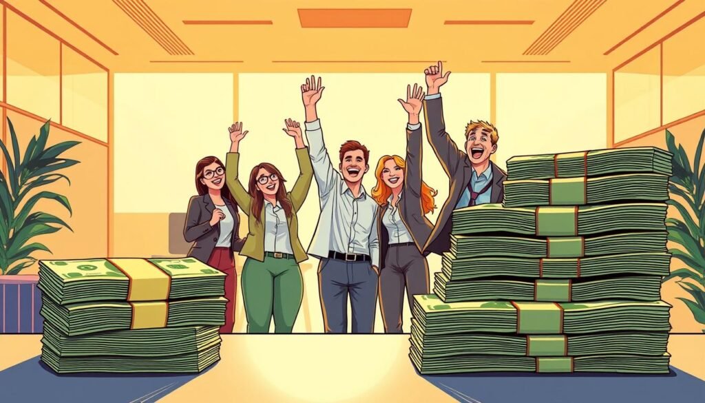 A vibrant, detailed illustration showcasing the substantial cost savings of AppSumo's lifetime software deals. In the foreground, a stack of money representing the upfront investment, contrasted with a larger stack symbolizing the long-term savings accrued over time. In the middle ground, a group of business people celebrating their newfound financial freedom, their expressions joyful and relieved. The background features a sleek, modern office setting, bathed in warm, golden light, suggesting the prosperity and success unlocked by these exclusive lifetime deals. The overall scene conveys a powerful message of the transformative impact AppSumo's offerings can have on a business's bottom line.