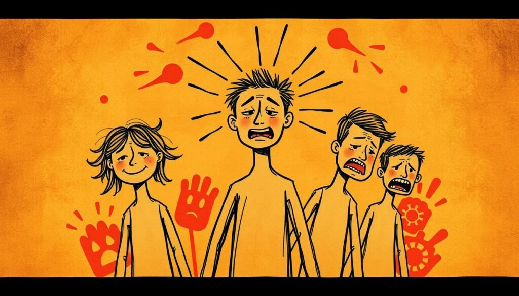 A vibrant, hand-drawn illustration showcasing the 5 main categories of human emotions - joy, sadness, anger, fear, and disgust. In the foreground, a central figure radiates each of these emotions, their face and body language expressively conveying the distinct feelings. The middle ground features a rich, textured background with abstract shapes and patterns, creating a visually engaging and emotive scene. Warm lighting casts a soft, nostalgic glow, while the use of a loose, sketchy style imbues the artwork with a sense of authenticity and personality. The overall composition is balanced and harmonious, inviting the viewer to explore and connect with the diverse emotional spectrum depicted.