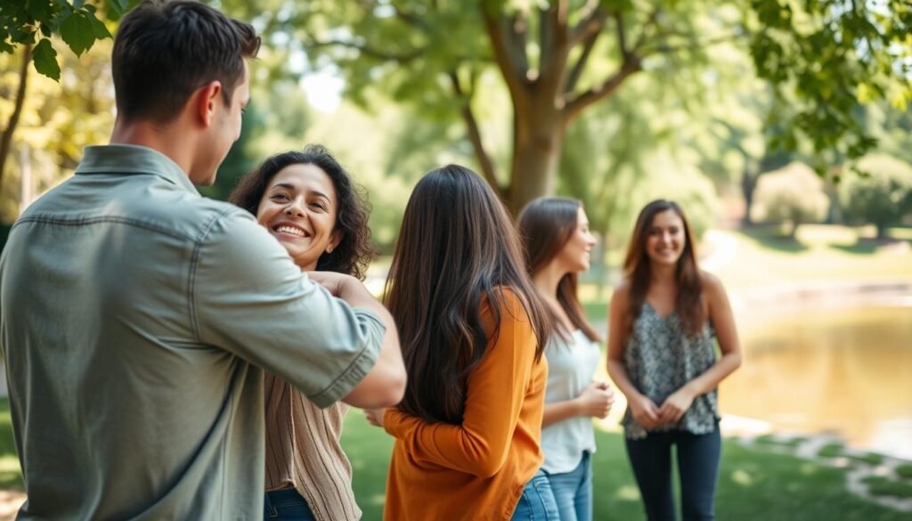 A vibrant, harmonious scene of healthy interpersonal relationships. In the foreground, two people embrace, their body language exuding warmth and trust. In the middle ground, a group of friends laugh and converse, their faces alight with genuine connection. The background depicts a serene, sun-dappled park setting, with lush greenery and a tranquil pond reflecting the sky above. The lighting is soft and natural, creating a calming, inviting atmosphere. The composition is balanced and aesthetically pleasing, conveying the essence of healthy, nurturing relationships.