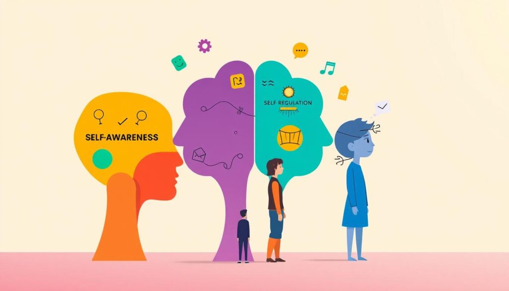 A vibrant illustration showcasing the four key components of emotional intelligence: self-awareness, self-regulation, motivation, and empathy. In the foreground, colorful abstract shapes and icons represent each facet, arranged in a harmonious composition. The middle ground depicts stylized human figures, their expressions and body language conveying these emotional skills. The background features a warm, muted palette, with gentle lighting and a subtle sense of depth, creating an insightful and visually captivating image.