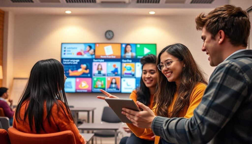A vibrant, interactive language learning experience. In the foreground, two students of diverse backgrounds engaged in a dynamic, collaborative lesson - gesturing animatedly, referencing a digital tablet. In the middle ground, a virtual classroom with a wall-mounted display showcasing interactive language exercises and gamified lessons. The background bathes in warm, soft lighting, conveying a sense of comfort and engaged learning. The overall scene evokes a welcoming, immersive atmosphere conducive to effective, enjoyable language acquisition.