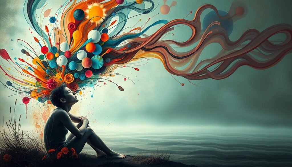A vibrant, introspective scene depicting the interplay of emotions and feelings. In the foreground, a human figure is situated, their face a canvas of shifting expressions - joy, sorrow, contemplation. Surrounding them, a swirling abstract representation of the inner emotional landscape, with splashes of color and amorphous shapes that evoke the subtle nuances of subjective experience. The middle ground features a subdued, contemplative atmosphere, with soft lighting and a sense of depth, underscoring the depth and complexity of the human psyche. In the background, a minimalist, ethereal environment serves as a backdrop, allowing the central focus to remain on the internal processes being expressed. The overall composition conveys a sense of balance, movement, and the intertwined nature of emotions and feelings.