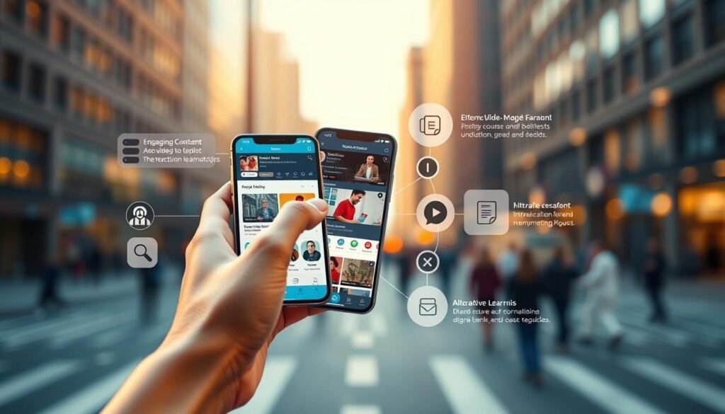 A vibrant, intuitive mobile learning app interface, showcasing a sleek and responsive design. In the foreground, a hand interacts with the app, navigating through engaging course content and multimedia features. The middle ground highlights various app functionalities, such as video playback, quizzes, and interactive learning tools. The background depicts a blurred cityscape, conveying a sense of modern, on-the-go learning. The lighting is warm and inviting, creating a visually appealing and captivating learning experience. The overall composition emphasizes the seamless integration of mobile technology and personalized education, reflecting Udemy's commitment to providing a cutting-edge platform for seamless learning.