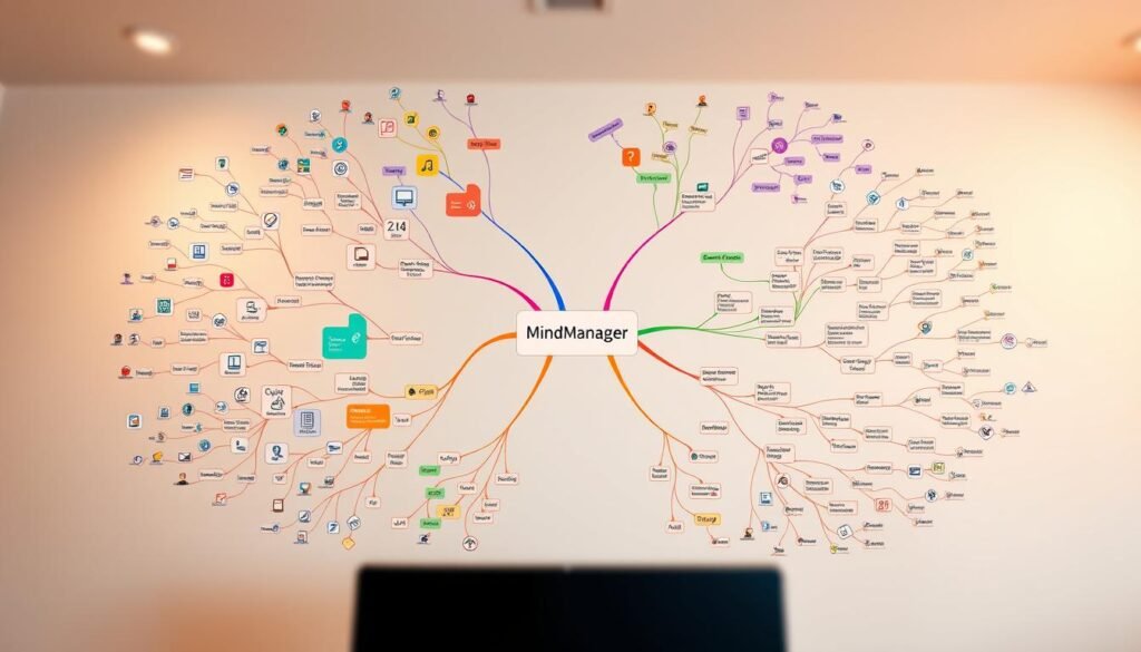 A vibrant mind map filled with colorful nodes and interconnected lines, showcasing the benefits of using MindManager. The foreground features an array of icons and symbols representing time-saving, improved organization, enhanced collaboration, and better decision-making. The middle ground depicts a sleek, modern user interface with intuitive controls. The background is a soft, blurred gradient, creating a sense of depth and focus on the central mind map. Warm lighting casts a subtle glow, highlighting the clarity and structure of the mind map. Captured with a wide-angle lens to provide a comprehensive view, this image conveys the power and versatility of MindManager as a tool for organizing thoughts and ideas.