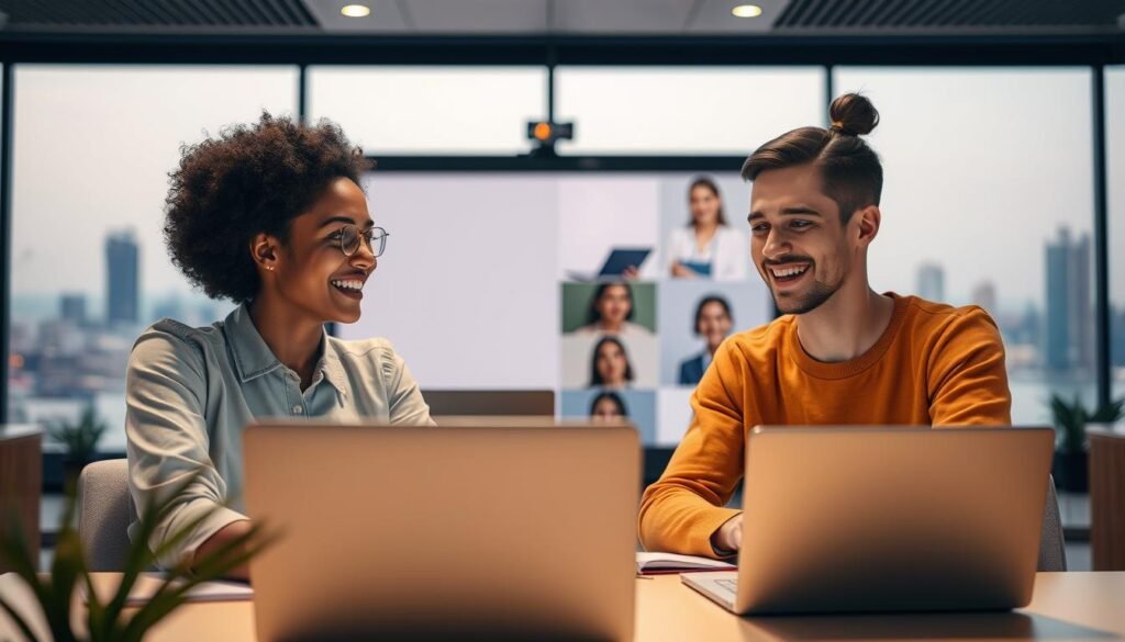 A vibrant online video chat platform for English learning, featuring a welcoming interface with a modern aesthetic. The foreground showcases two diverse learners engaged in a lively conversation, their faces lit by the soft, natural glow of their devices. In the middle ground, the virtual classroom is filled with clean, minimalist design elements that facilitate an immersive, distraction-free learning experience. The background sets the scene with a tranquil, out-of-focus cityscape, conveying a sense of global connectivity. Warm, neutral tones and a slightly muted color palette create a calming, professional atmosphere, while the overall composition and camera angle suggest an approachable, user-friendly platform.