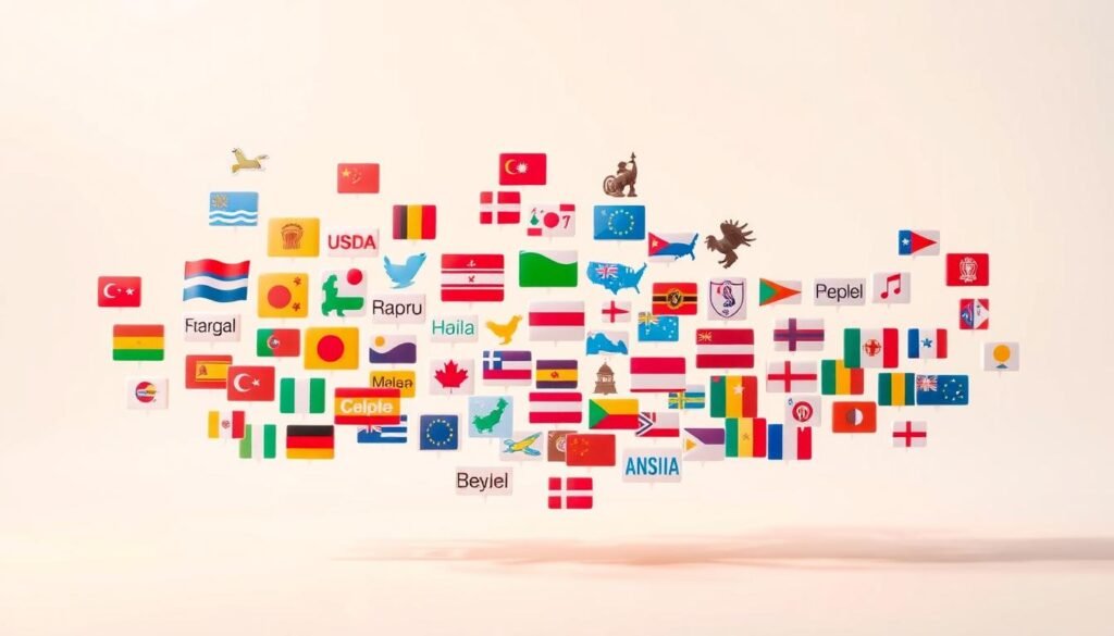 A vibrant visual representation of the available languages for learning with Babbel in the United States. A diverse array of language icons, each with a distinct style and color, float gracefully against a clean, minimalist background, conveying a sense of boundless opportunities for linguistic exploration. Soft, diffused lighting casts a warm, inviting glow, while a subtle depth of field draws the viewer's focus to the central languages. The composition is balanced and harmonious, reflecting the ease and accessibility of Babbel's language learning platform.