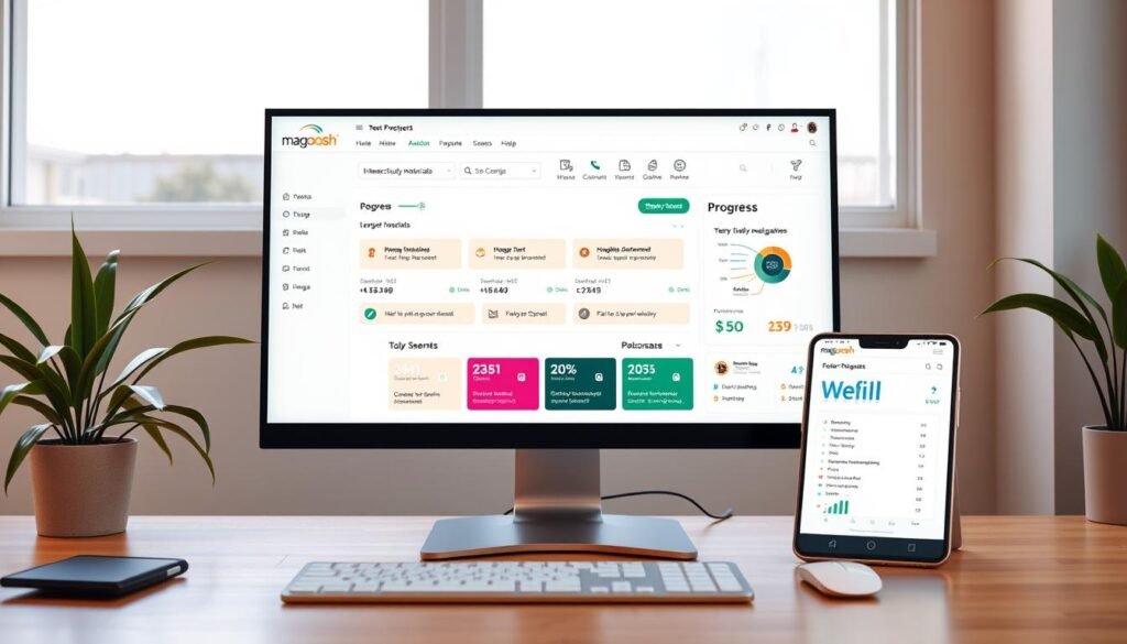 A vibrant, well-designed user interface for the Magoosh test preparation platform, showcasing a clean, modern aesthetic. The screen displays a seamless dashboard with intuitive navigation, interactive study materials, and personalized progress tracking. The layout is balanced, with an uncluttered, responsive design that adapts smoothly across different devices. Warm, soft lighting illuminates the scene, creating a welcoming and productive atmosphere. The overall user experience conveys a sense of confidence, efficiency, and tailored support for students preparing for their American exams.