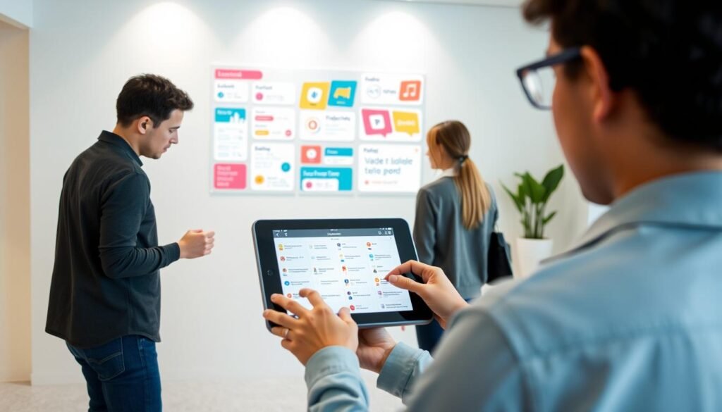 A visually engaging and interactive language learning app, featuring a sleek and intuitive interface. In the foreground, a user interacts with a touchscreen device, exploring colorful lessons and exercises. The middle ground showcases various learning tools, such as flashcards, audio recordings, and interactive quizzes. The background depicts a minimalist and modern environment, with clean lines and a calming color palette, creating a focused and distraction-free learning experience. The lighting is soft and diffused, highlighting the app's user-friendly design and emphasizing the seamless integration of technology and language education.