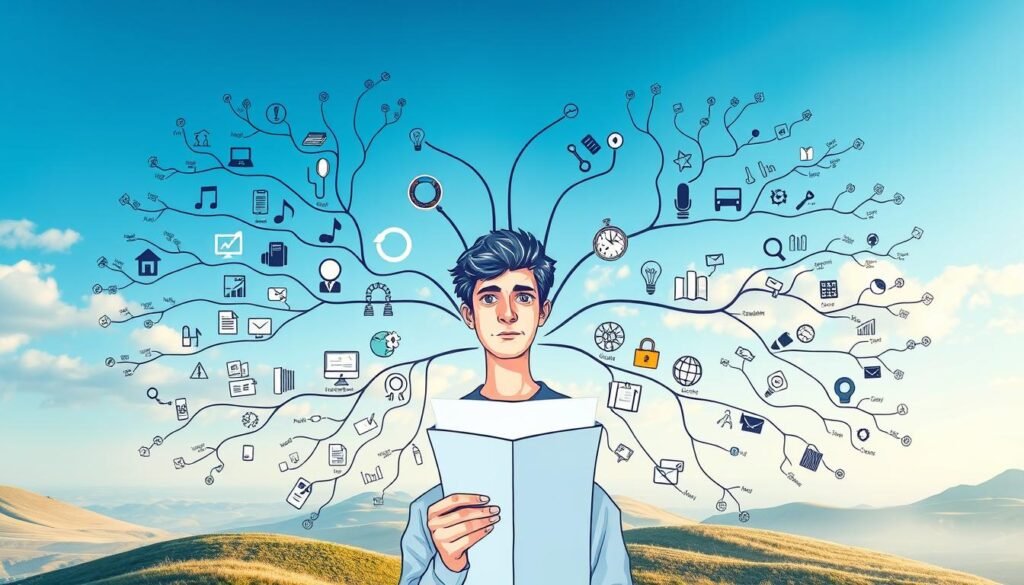 A visually stunning mind map unfolds, showcasing an array of diverse use cases. In the foreground, various icons and symbols represent different applications, such as project planning, brainstorming, and task management. The middle ground features a detailed illustration of a person actively engaged with the mind map, their expression one of deep concentration and discovery. The background is a soft, ethereal landscape, with gentle lighting and a sense of tranquility, complementing the intellectual nature of the scene. The composition is balanced and harmonious, drawing the viewer's attention to the versatility and power of mind mapping as a tool for organization, ideation, and problem-solving.