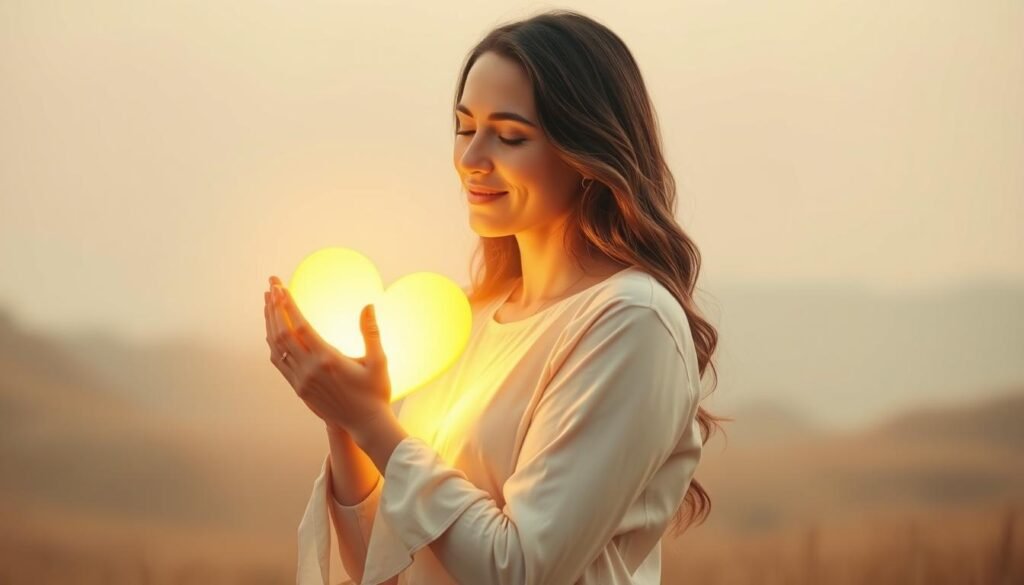 A warm and serene scene of a woman gracefully embracing a glowing heart, symbolizing the nurturing, empowering effects of love. The heart emanates a soft, golden light, casting a gentle glow upon the woman's face, which radiates a sense of inner peace and contentment. The background is a tranquil, pastel-hued landscape, with subtle details that evoke a calming, introspective atmosphere. The composition is balanced and harmonious, with the woman and the heart at the focal point, conveying the transformative power of love. Diffused lighting creates a sense of intimacy and emotional depth, inviting the viewer to reflect on the positive impact of love on one's psyche.
