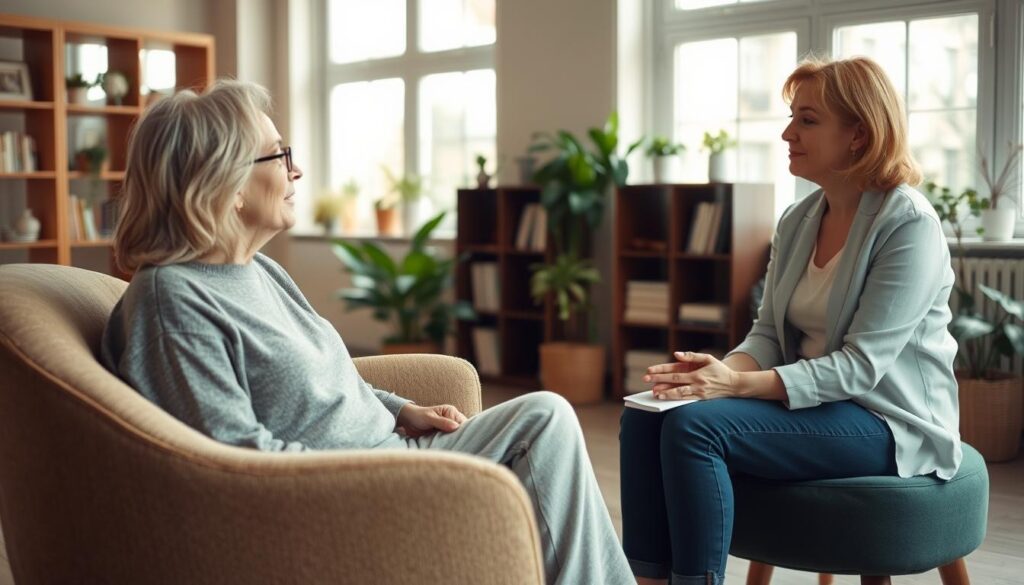 A warm, calming therapy session taking place in a cozy, well-lit room. In the foreground, a patient with histrionic personality disorder sits comfortably on a plush armchair, engaged in conversation with a compassionate therapist. The therapist's expression is one of empathy and understanding, guiding the patient through cognitive-behavioral techniques. Soft natural light filters in through large windows, creating a serene atmosphere. In the background, bookcases and plants add a sense of tranquility, symbolizing the healing and growth that can occur through effective treatment.