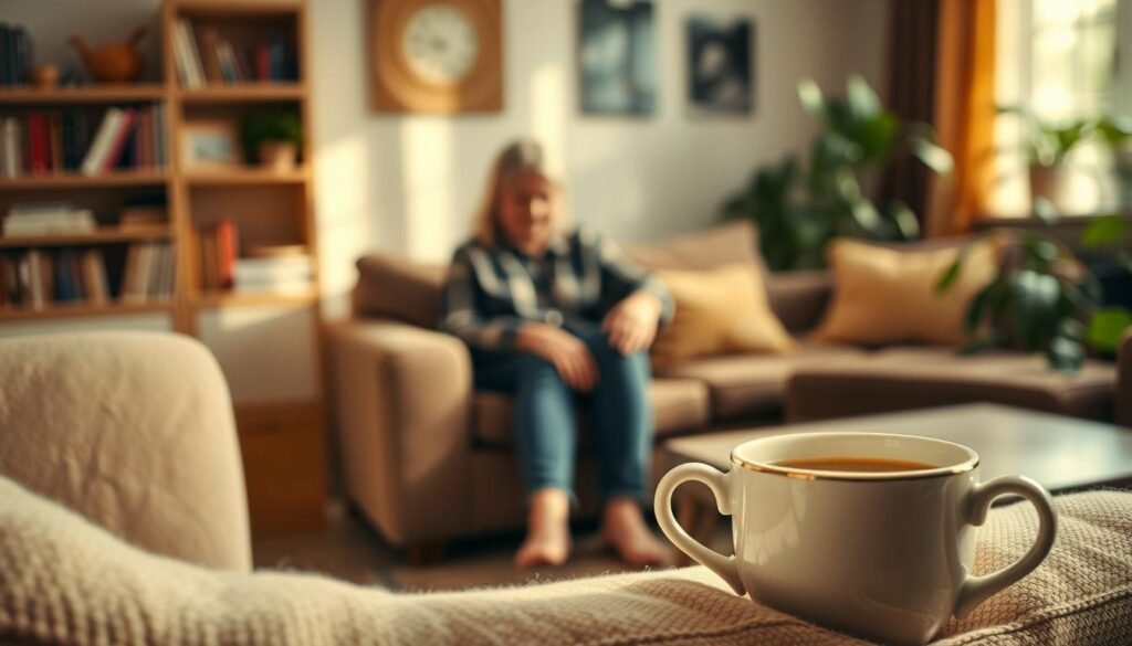 A warm, cozy living room scene with soft lighting and inviting textures. In the foreground, a plush armchair and a mug of hot tea, symbolizing self-care and comfort. In the middle ground, a supportive friend or family member sitting nearby, offering a listening ear and emotional support. In the background, bookshelves and plants, conveying a sense of tranquility and personal growth. The overall atmosphere is one of care, understanding, and the nurturing of mental well-being.